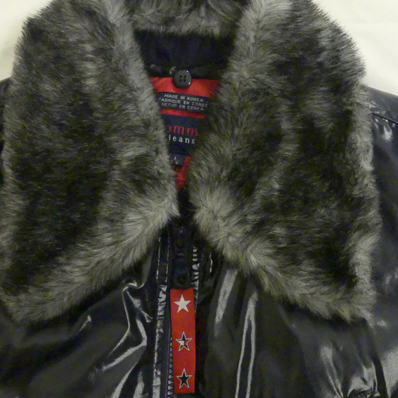 Womens Tommy Girl Vinyl Jacket Faux Fur Collar - Picture 2 of 6